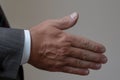 Businessman in elegant gray suit stretching hand. Male handshake for greeting, confirming an agreement, making deal