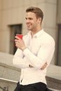 Businessman elegant guy drink tea or coffee. Break for relax and recharge energy caffeine beverage. Have cup of coffee