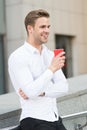 Businessman elegant guy drink tea or coffee. Break for relax and recharge energy caffeine beverage. Have cup of coffee