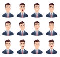 Businessman emotions. Male characters with various face emotions sadness joy hate laughter anger smile fear vector