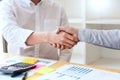 Businessman employee candidate shaking hands with company leader HR manager or boss in office after successful negotiation, Royalty Free Stock Photo