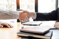Businessman employee candidate shaking hands with company leader HR manager or boss in office after successful negotiation, Royalty Free Stock Photo
