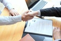 Businessman employee candidate shaking hands with company leader HR manager or boss in office after successful negotiation, Royalty Free Stock Photo