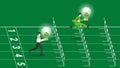 Businessman and employee hold a tree light bulb, run and jump over obstacles on a racetrack