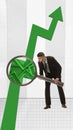 Businessman, employee looking in magnifying glass at financial arrow going upwards. Contemporary art collage. Royalty Free Stock Photo