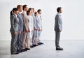 Businessman, employees and leader with row, workforce, and ready for selection process. Employer, corporate accountant
