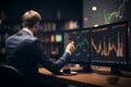 Businessman employs data analysis tools for informed stock trading and cryptocurrency decisions