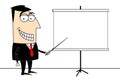 Cartoon businessman, empty presentation board, white background