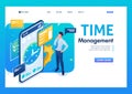 Businessman engaged in time management using the application on the smartphone. 3D isometric. Landing page concepts and web design Royalty Free Stock Photo