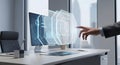 Businessman interacting with futuristic data visualization on office computer screen Royalty Free Stock Photo