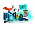 Businessman and Entrepreneur Superhero with Brilliant Career and Finance. Money Flag and All target achieved. Vector Illustration