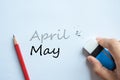 Businessman erasing April text change to May. month and Season change concept