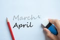 Businessman erasing March text change to April. month and Season change concept