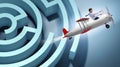 Businessman escaping from maze on airplane