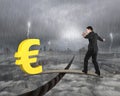 Businessman and euro sign on wood board balancing on wire