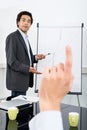 Businessman Explaining Graph With Colleague Raising Hand Royalty Free Stock Photo