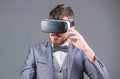 Businessman explore virtual reality. Digital technology for business. Business man virtual reality. Modern gadget Royalty Free Stock Photo