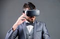 Businessman explore virtual reality. Digital technology for business. Business man virtual reality. Modern gadget Royalty Free Stock Photo