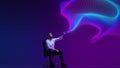 Businessman explores dynamic wave of data in digital neon light against vibrant data cloud swirl against gradient