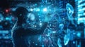 Businessman exploring futuristic data analysis on interactive screen