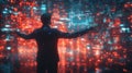 Businessman exploring immersive digital environment with futuristic interface