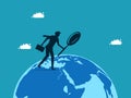 Businessman exploring the world with a magnifying glass. business concept vector illustration