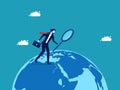 Businessman exploring the world with a magnifying glass. business concept vector illustration