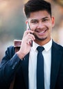 Businessman, face and phone call in city with communication, talking and audio consultation with client. Male banker Royalty Free Stock Photo