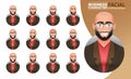 Businessman facial expressions vector set. Business man bald boss character in smiling, serious and angry face reaction for male.