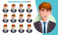 Businessman facial expressions vector set. Business man character in smiling, laughing, serious and angry face emotions for male.