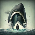 Businessman facing big shark with city in his mouth. Competitive Business metaphor. Generative Ai