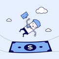 Businessman falling into a money banknote. Cartoon character thin line style vector Royalty Free Stock Photo