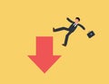 businessman falls from the arrow of decline. The falling of profit, the decline of business success