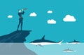 Businessman feeling safe on island and looking at sharks swimming around him at sea. Royalty Free Stock Photo