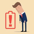 Businessman feeling tired and low battery. Businessman character no energy battery. Vector illustration