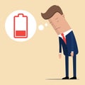 Businessman feeling tired and low battery. Businessman character no energy battery. Vector illustration