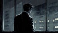 A businessman feels frustrated about his career and Looking out of the Window on a rainy day. Businessman is discouraged by his