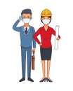 Businessman and female architect using face masks