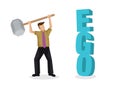 Businessman fighting his own ego by destroying a 3d text of ego block when finding a way to success