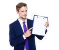 Businessman finger point to clipboard Royalty Free Stock Photo