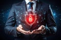Businessman finger touch red glowing protective shield with padlock, dark background Royalty Free Stock Photo