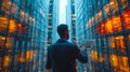 Businessman finger touch tablet in hand, skyscrapers