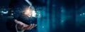 Businessman and fingerprint scanning unlock and access to business data network. Cloud. Biometric identification and cyber