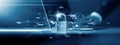 Businessman and fingerprint scanning unlock and access to business data network. Cloud. Biometric identification and cyber