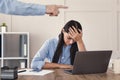 Businessman Firing Unhappy Employee Girl Pointing Finger At Office Door