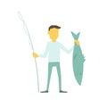 Businessman fisherman with a fishing rod caught big fish. Illustration of a vector. Big fish in hand