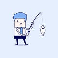 Businessman fishing a big fish. Cartoon character thin line style vector