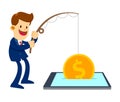 Businessman Fishing Gold Coin From a Mobile Phone Royalty Free Stock Photo