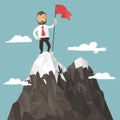 Businessman with flag on a Mountain peak, success