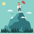 Businessman with flag on a Mountain peak, success